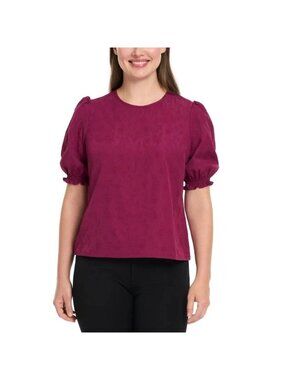 Ted Baker Jacquard Puff-Sleeve Blouse Size Small Berry Red Polyester Blend L1483